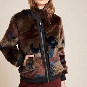 Anthropologie Marrakech Alyssa Faux Fur Green/moss Camo Bomber Jacket Size L